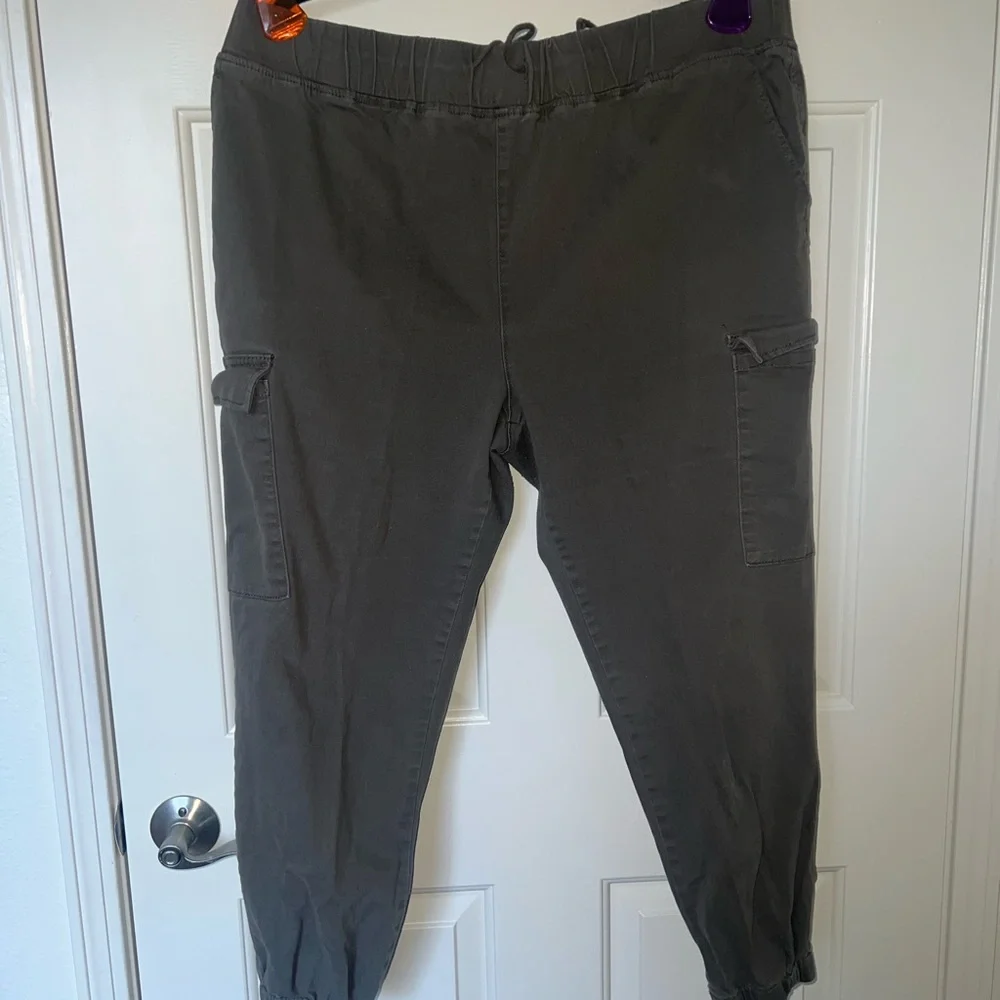 Women’s Drawstring Cargo Joggers Lagenlook Hunter Olive Green Pants Size 2X‎
